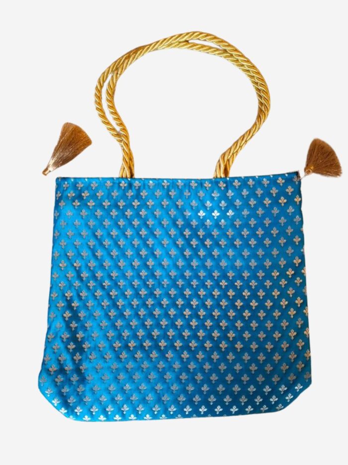 Sky Blue Banarasi Silk Medium Hand bag - Image 1