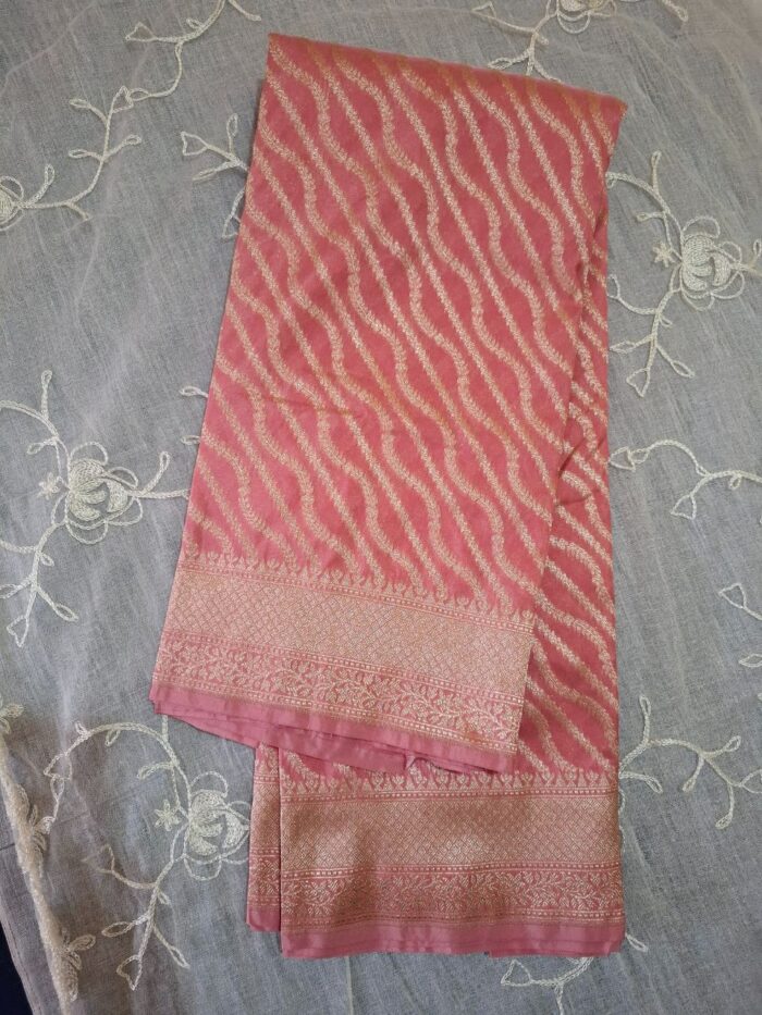 Light Pink Dupion Silk Banarasi Handwoven Gold Stripe - Image 1