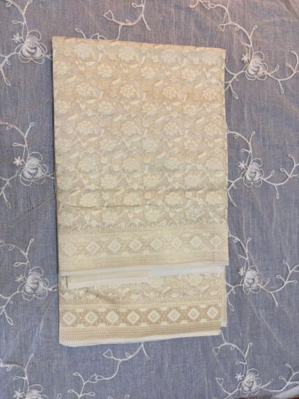 Ivory Floral Pure Resham Cotton Silk Banarasi Saree