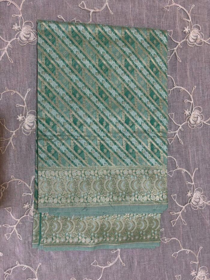 Diagonal Stripe Pure Resham Cotton Silk Banarasi Saree - Image 1