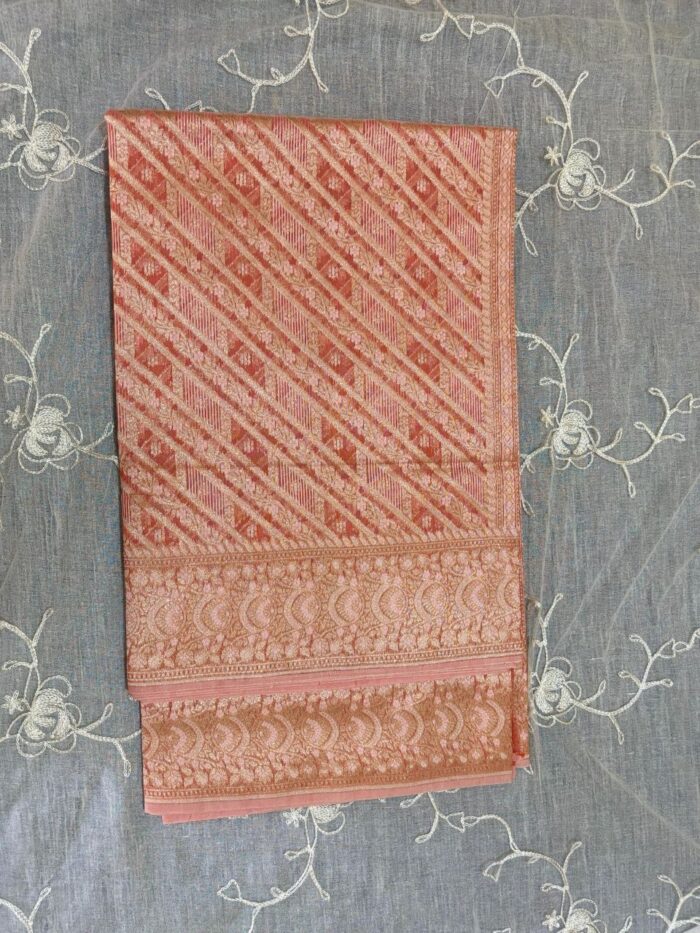 Diagonal Weave Pure Resham Cotton Silk Banarasi Saree - Image 1