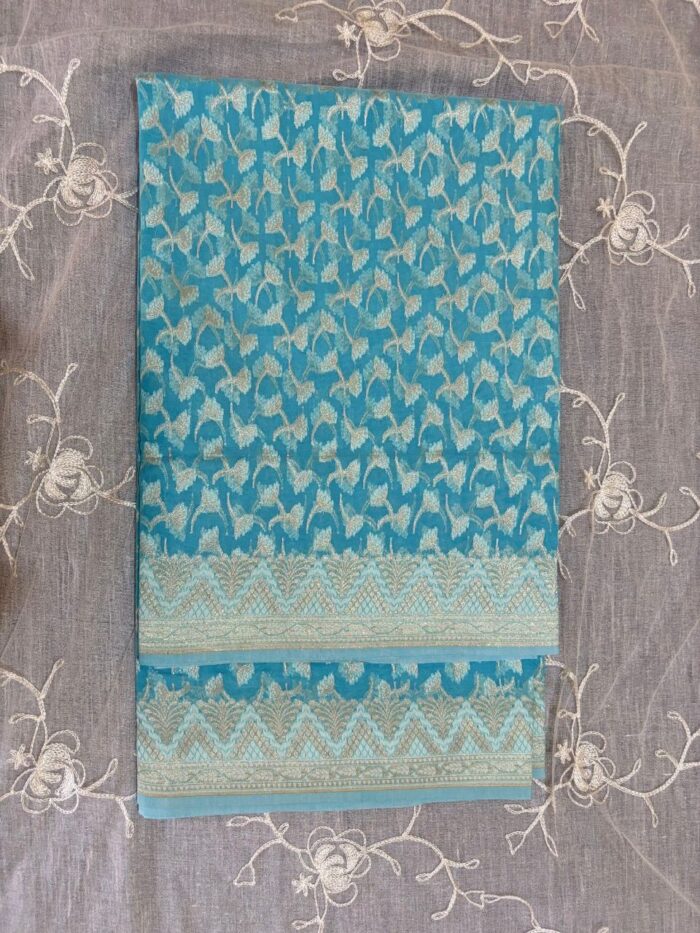 Turquoise Bloom Pure Resham Cotton Silk Banarasi Saree - Image 1